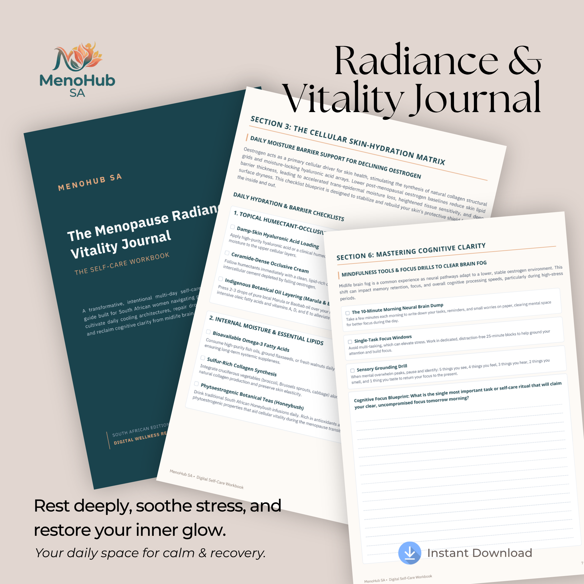 Promotional layout for the Menopause Radiance Vitality Journal by MenoHub SA, showing the dark teal book cover, two sample journal pages with printed text, and marketing text on a light warm-gray background.