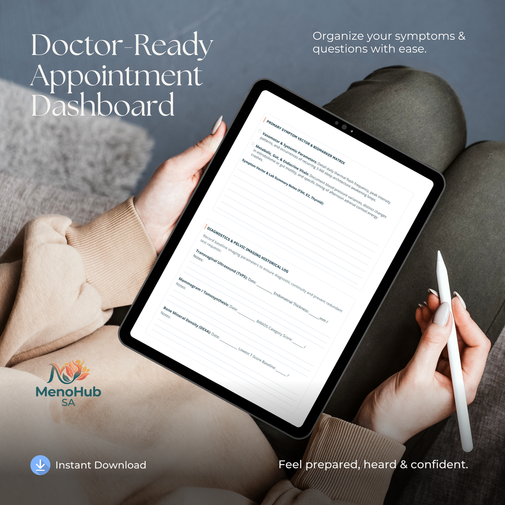 A person holds a tablet showing a doctor-ready appointment dashboard template, with a white stylus in one hand and their legs crossed in the background. Text on the image includes 'Doctor-Ready Appointment Dashboard' and the brand name 'MenoHub SA'.