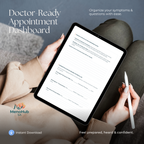 A person holds a tablet showing a doctor-ready appointment dashboard template, with a white stylus in one hand and their legs crossed in the background. Text on the image includes 'Doctor-Ready Appointment Dashboard' and the brand name 'MenoHub SA'.