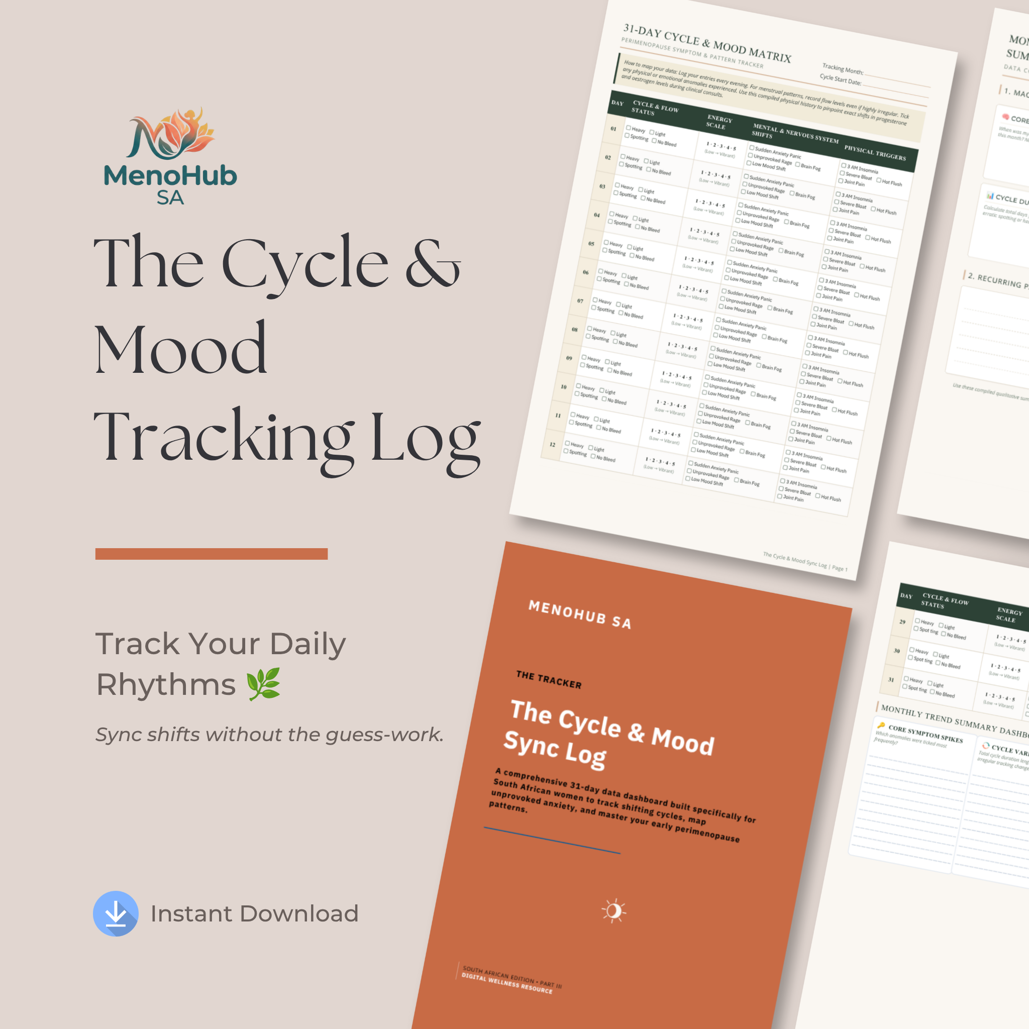 Promotional graphic for the MenoHub SA 'The Cycle & Mood Tracking Log' instant download, showing the orange cover of the log and preview pages of a daily cycle and mood tracker on a beige background.