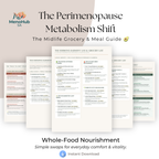 Promotional graphic for 'The Perimenopause Metabolism Shift: The Midlife Grocery & Meal Guide' by MenoHub SA, showing several document pages fanned out with the title centered above them and text at the bottom reading 'Whole-Food Nourishment' and 'Instant Download'.