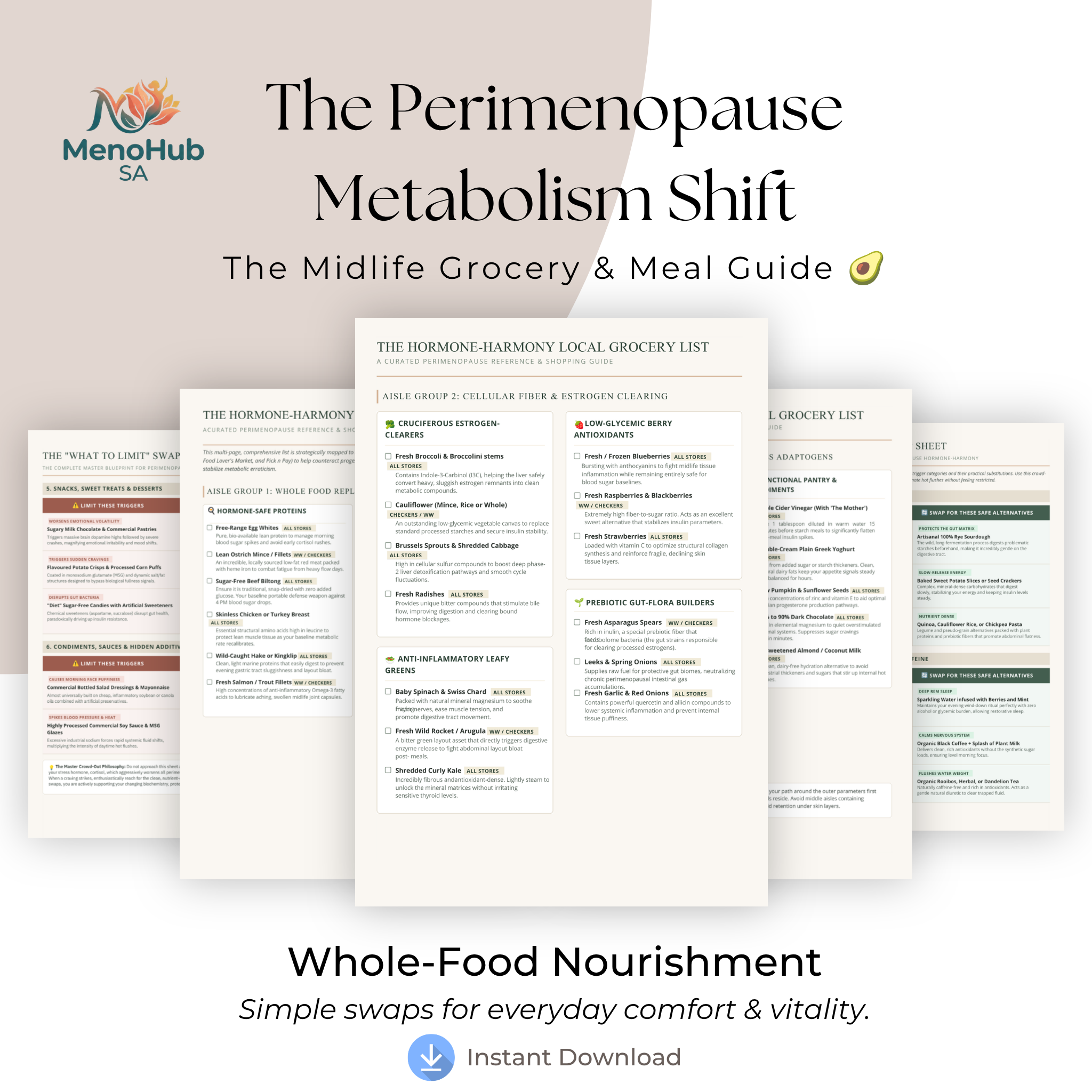 Promotional graphic for 'The Perimenopause Metabolism Shift: The Midlife Grocery & Meal Guide' by MenoHub SA, showing several document pages fanned out with the title centered above them and text at the bottom reading 'Whole-Food Nourishment' and 'Instant Download'.