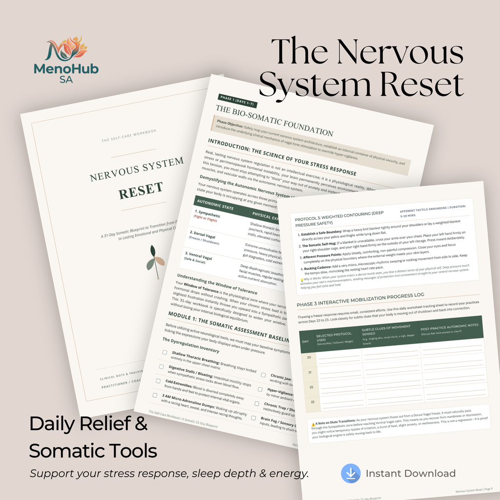 Digital product mockup for 'The Nervous System Reset' somatic tool kit by MenoHub SA, showing three overlapping pages of printable worksheets on a warm beige background with promotional text.