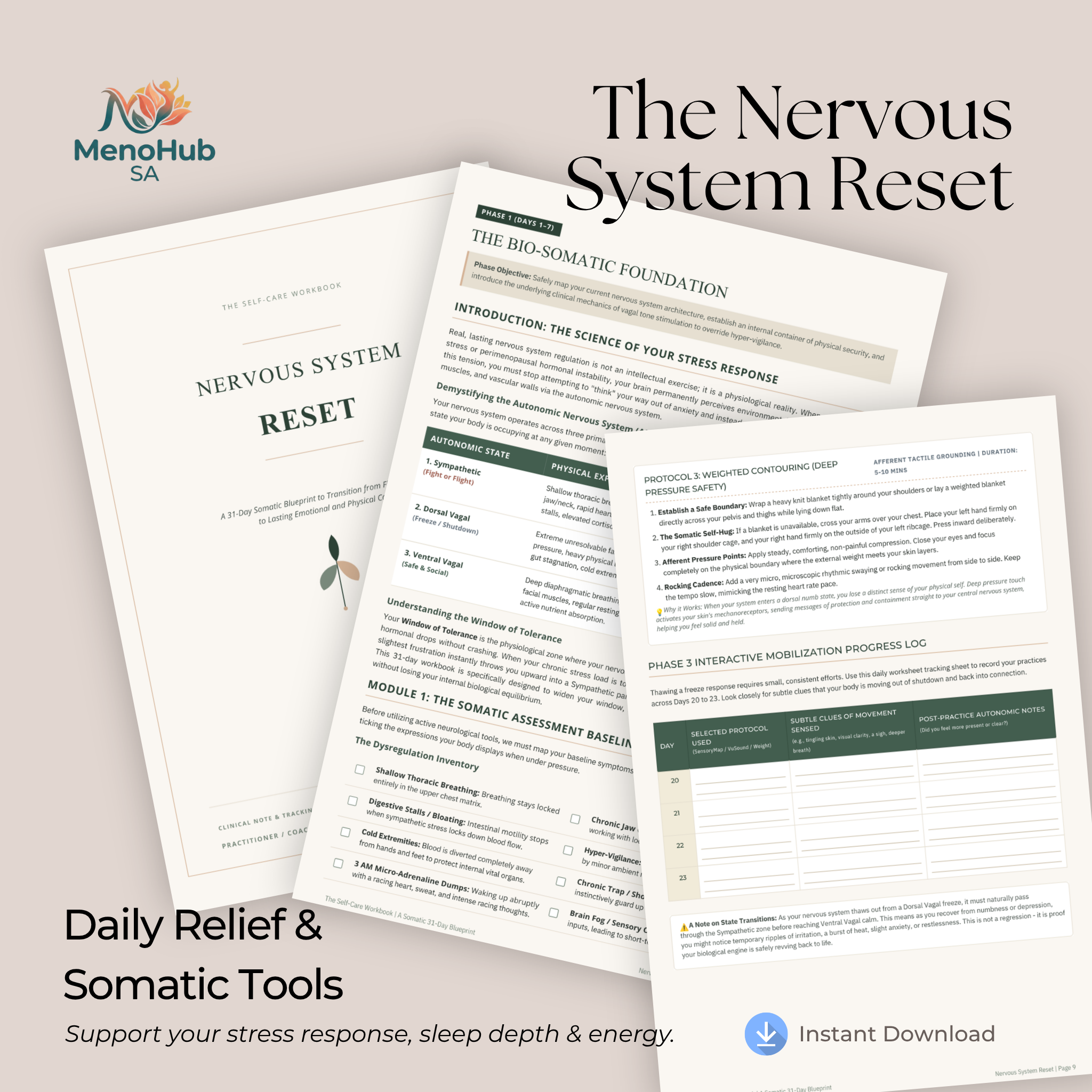 Digital product mockup for 'The Nervous System Reset' somatic tool kit by MenoHub SA, showing three overlapping pages of printable worksheets on a warm beige background with promotional text.