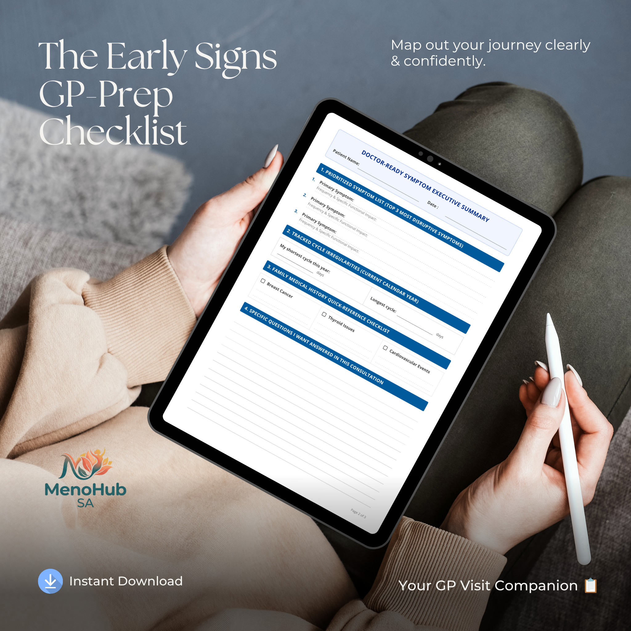 A person holds a tablet showing a GP prep checklist document, with a stylus in one hand, against a soft gray background. Text on the image reads 'The Early Signs GP-Prep Checklist' and includes the brand name MenoHub SA.