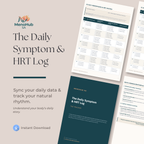 Promotional graphic for the MenoHub SA 'The Daily Symptom & HRT Log' instant download, showing the cover and sample pages of a digital tracking template on a beige background.
