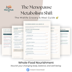 Promotional graphic for 'The Menopause Metabolism Shift' midlife grocery & meal guide by MenoHub SA, showing several overlapping document pages with text about hormone harmony and local grocery list, plus 'Whole-Food Nourishment' and 'Instant Download' on a light beige background.