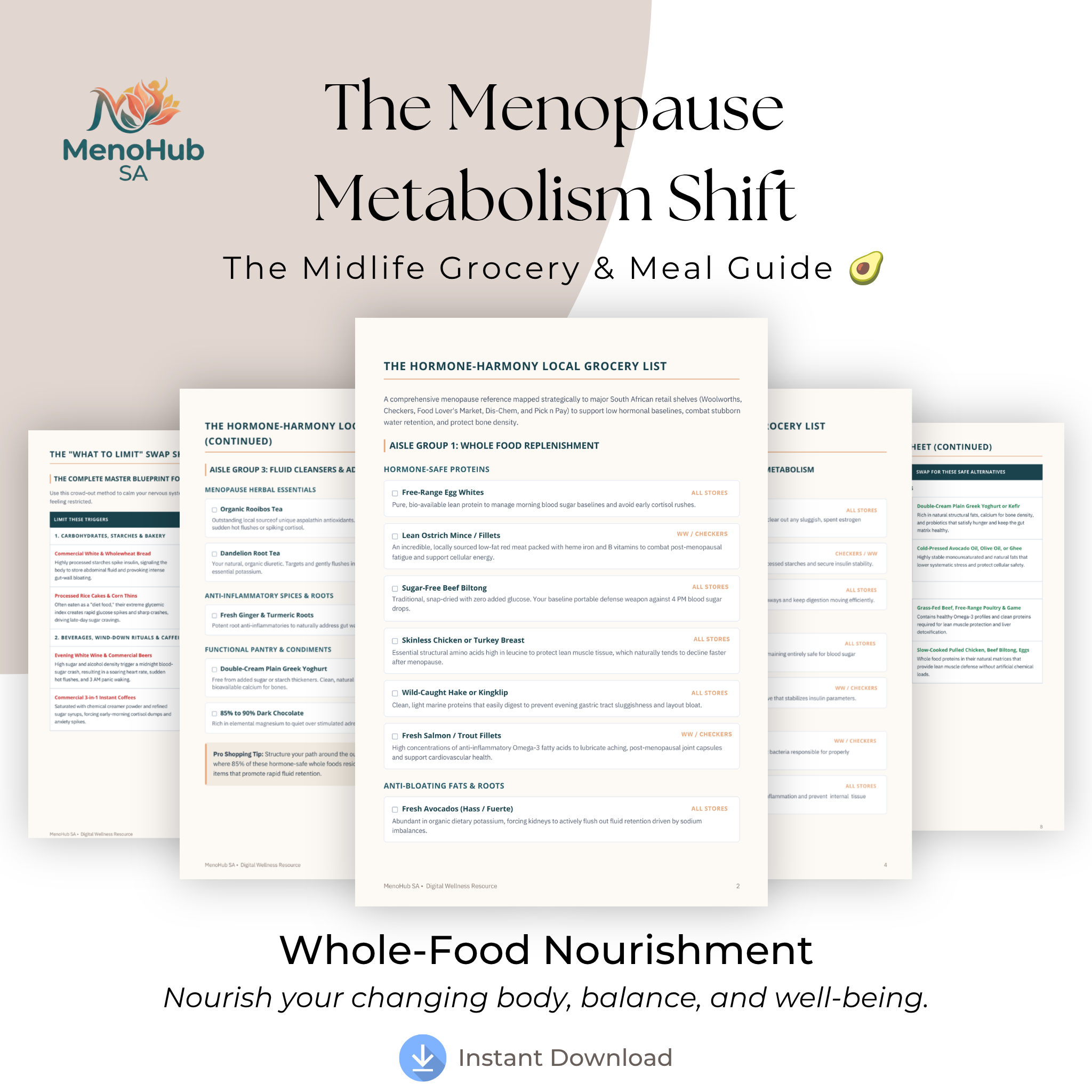 Promotional graphic for 'The Menopause Metabolism Shift' midlife grocery & meal guide by MenoHub SA, showing several overlapping document pages with text about hormone harmony and local grocery list, plus 'Whole-Food Nourishment' and 'Instant Download' on a light beige background.
