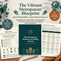 Promotional graphic for 'The Vibrant Menopause Blueprint' digital wellness resource by MenoHub SA, showing a dark teal workbook cover, a welcome page, a 31-day tracker sheet, a pen, and a brown textured fabric background with botanical illustrations.