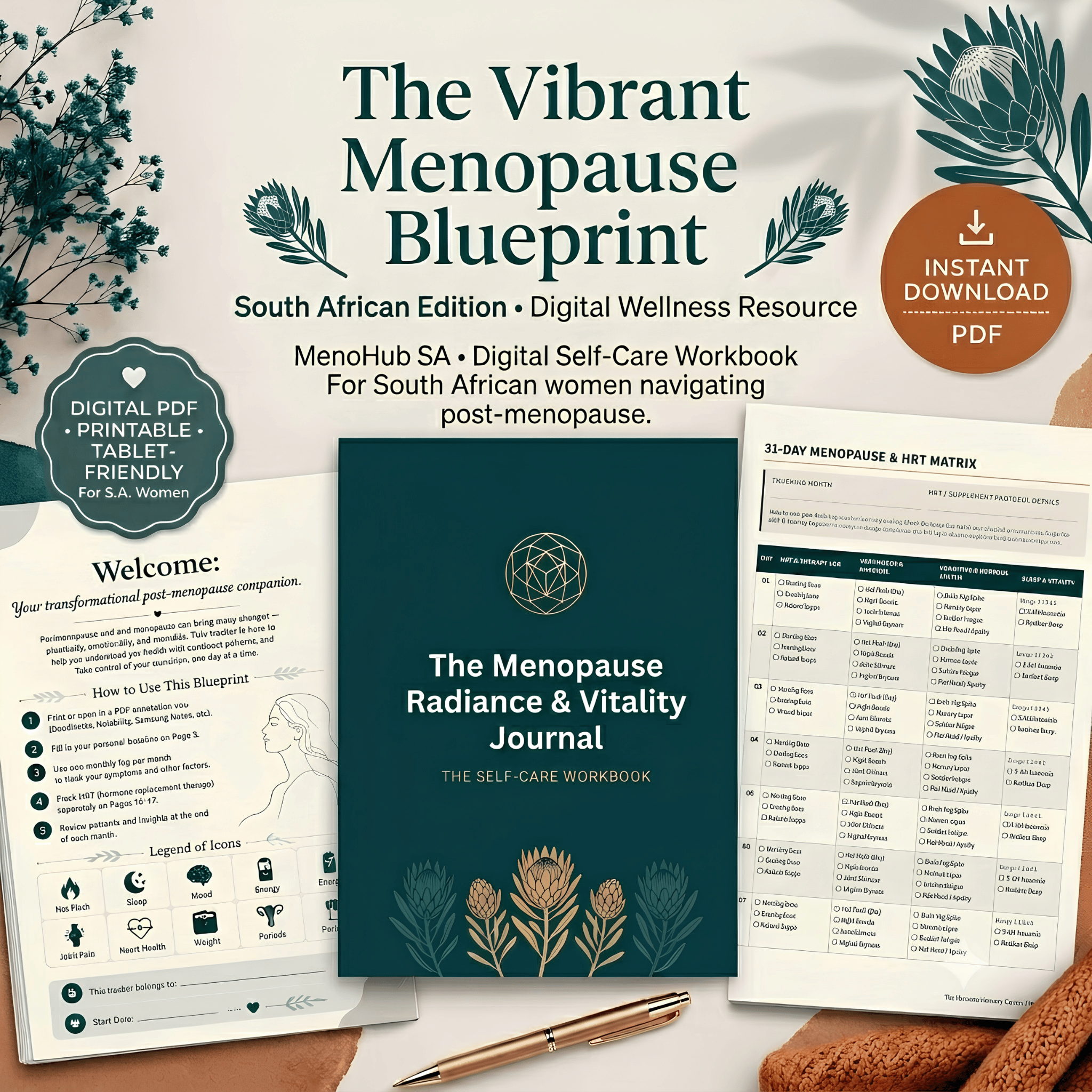 Promotional graphic for 'The Vibrant Menopause Blueprint' digital wellness resource by MenoHub SA, showing a dark teal workbook cover, a welcome page, a 31-day tracker sheet, a pen, and a brown textured fabric background with botanical illustrations.