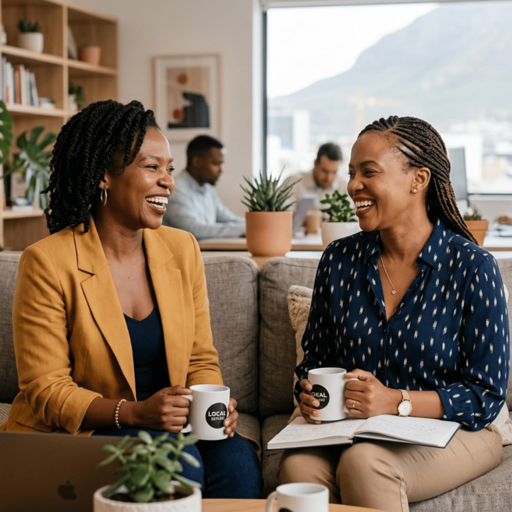 Two women laughing and holding white mugs with a visible 'LOCAL' logo, seated in a bright, modern office lounge environment, holding the Vibrant Menopause Blueprint workbook on her lap